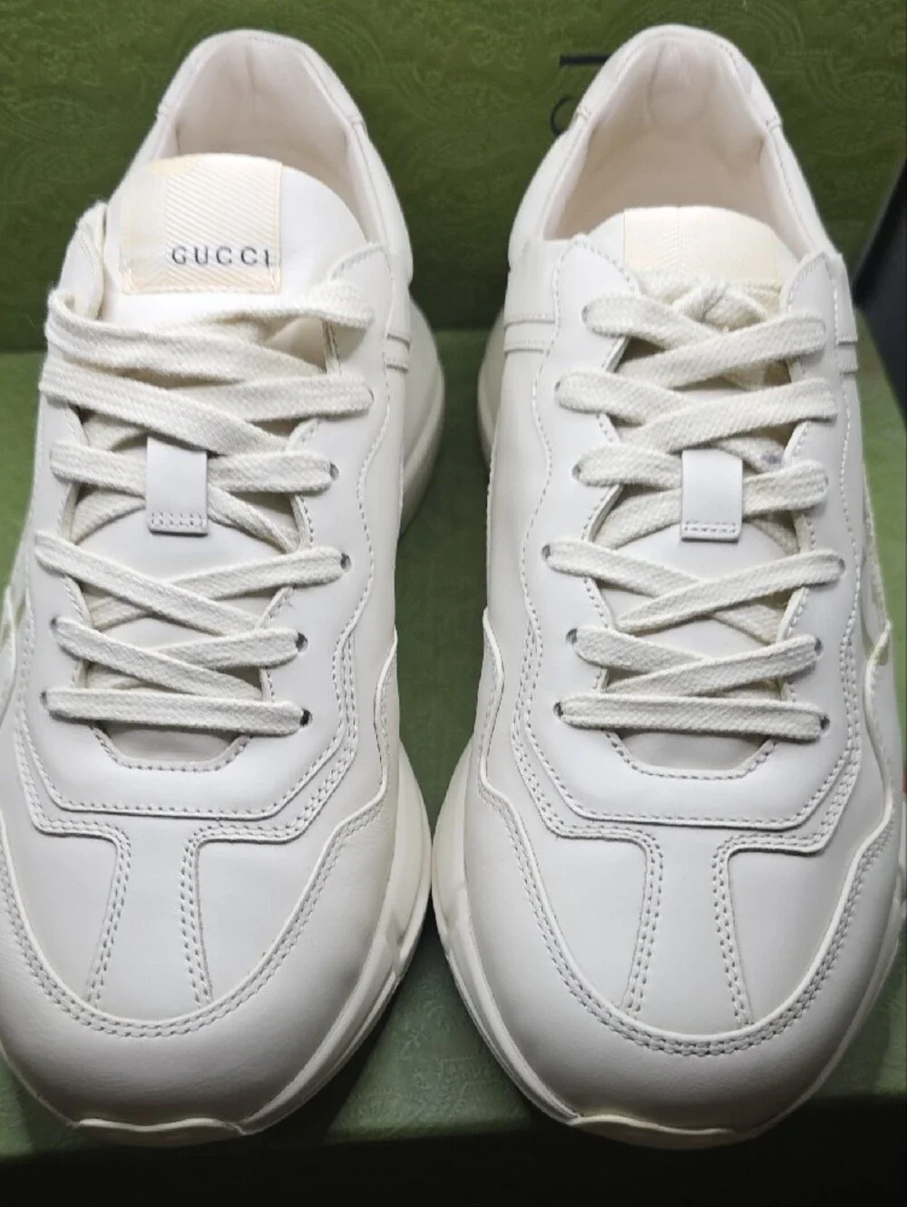 Gucci White Leather Sneaker with Red & Green Stripe Logo